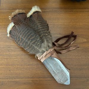 Clear Crystal Quartz Point with Natural Feathers & Leather